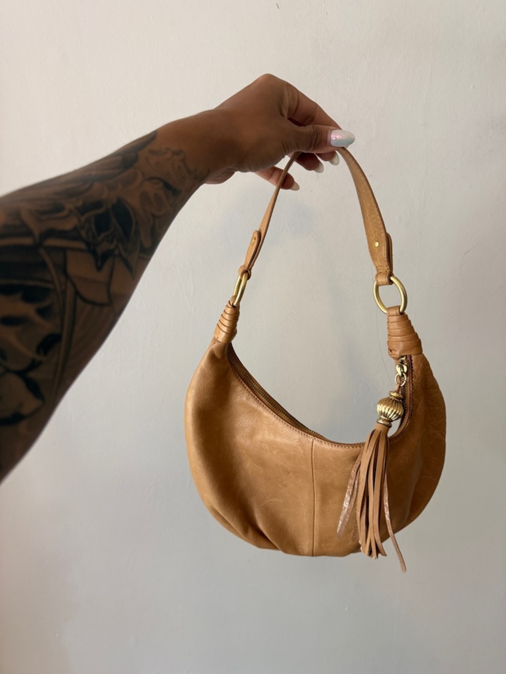Sigrid Olsen Tan Leather Crescent Hobo with Tassel and Gold Rings